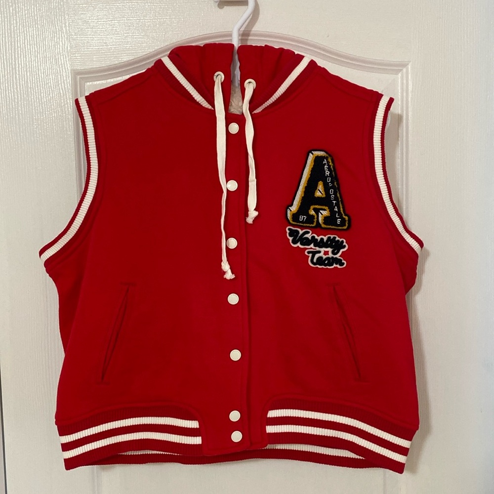 Aeropostale Varsity Team 87 Sherpa Button Up Vest Hooded Red with Pocket XXL